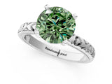 White gold Fancy Green Round  Solitaire Diamond Engagement Ring with XO Engraved Band and Four-Prong Setting 2