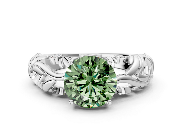 Platinum Fancy Green Round Cut Solitaire Diamond Leaf-Inspired Vine Band Ring with Prong Setting