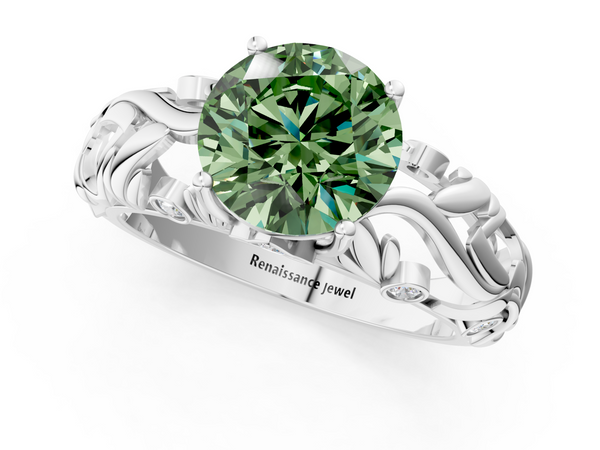 Platinum Fancy Green Round Cut Solitaire Diamond Leaf-Inspired Vine Band Ring with Prong Setting
