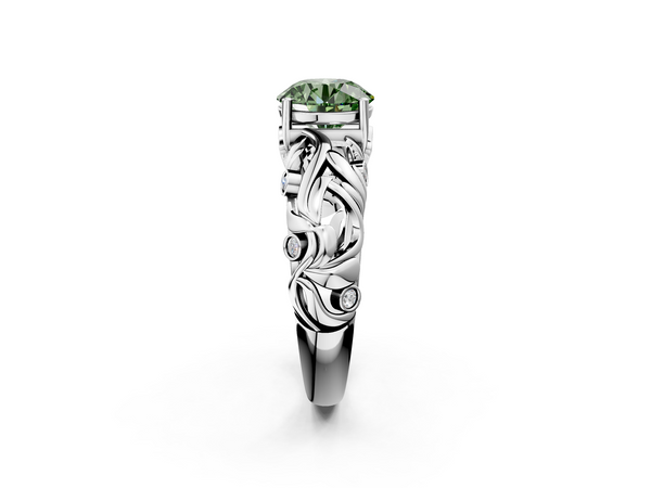 Platinum Fancy Green Round Cut Solitaire Diamond Leaf-Inspired Vine Band Ring with Prong Setting