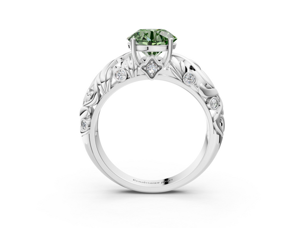 Platinum Fancy Green Round Cut Solitaire Diamond Leaf-Inspired Vine Band Ring with Prong Setting