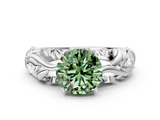 White gold Fancy Green Round  Solitaire Diamond Leaf Vine Band with Prong Setting_28