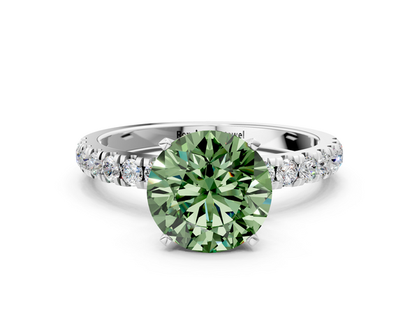 White gold Fancy Green Round Cut Diamond Solitaire Ring with Pavé Accents and Four-Prong Setting