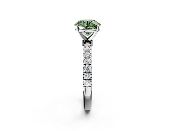 White gold Fancy Green Round Cut Diamond Solitaire Ring with Pavé Accents and Four-Prong Setting