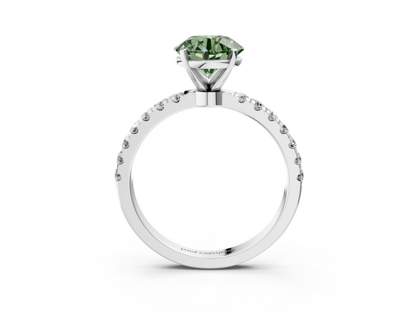 White gold Fancy Green Round Cut Diamond Solitaire Ring with Pavé Accents and Four-Prong Setting