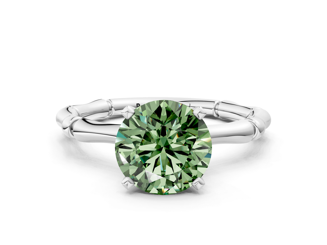 White gold Fancy Green Round  Solitaire Diamond Ring with Bamboo Band and Four-Prong Setting_108