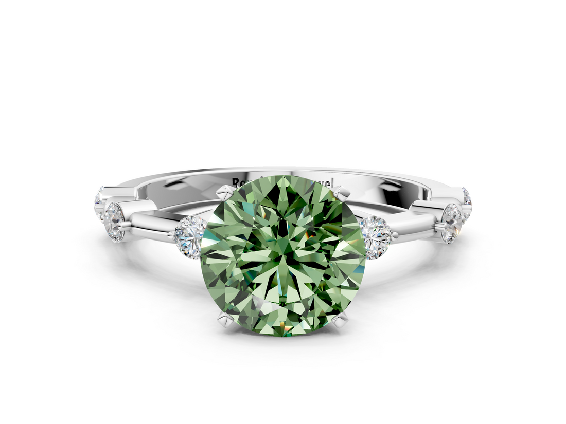 White gold Fancy Green Round  Solitaire Diamond Ring with Bezel Set Side Stones and Prong Setting_3
