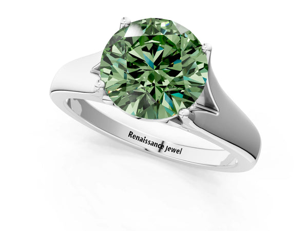 Platinum Fancy Green Round  Solitaire Diamond Ring with Cathedral Band and Four-Prong Setting
