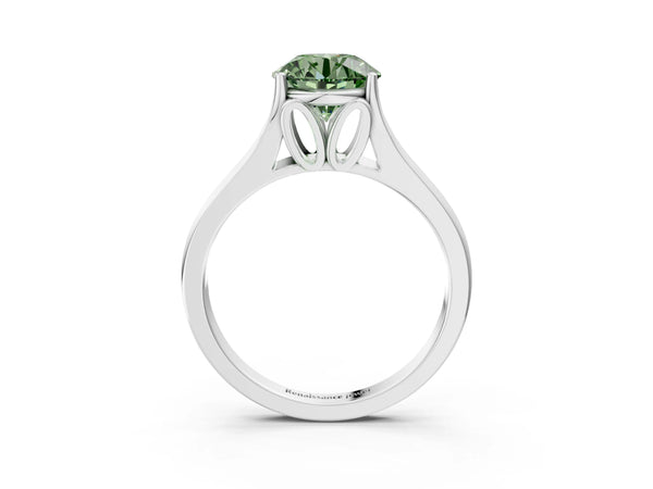 Platinum Fancy Green Round  Solitaire Diamond Ring with Cathedral Band and Four-Prong Setting