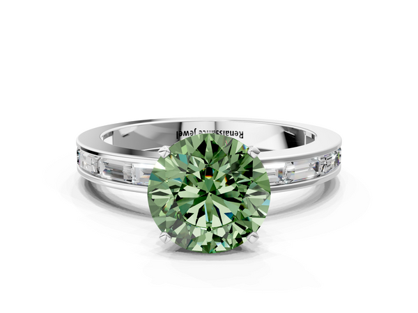 Platinum Fancy Green Round  Solitaire Diamond Ring with Channel-Set Baguette Band and Four-Prong Setting