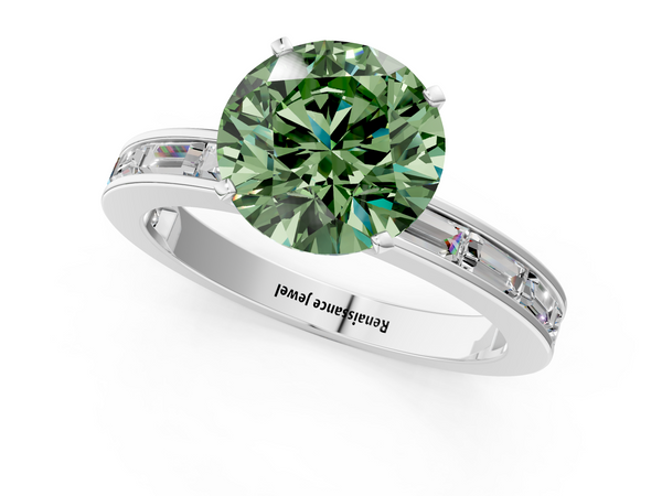 Platinum Fancy Green Round  Solitaire Diamond Ring with Channel-Set Baguette Band and Four-Prong Setting