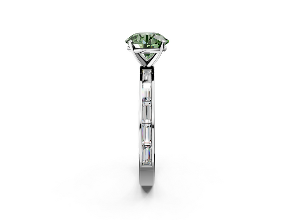 Platinum Fancy Green Round  Solitaire Diamond Ring with Channel-Set Baguette Band and Four-Prong Setting