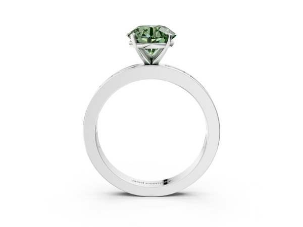 Platinum Fancy Green Round  Solitaire Diamond Ring with Channel-Set Baguette Band and Four-Prong Setting