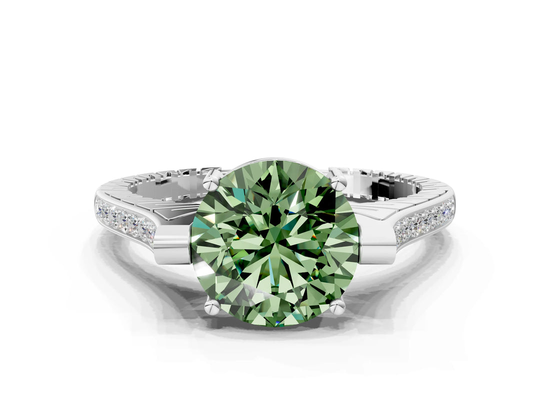 White gold Fancy Green Round  Solitaire Diamond Ring with Channel Set Band and Bezel Prong Setting_74