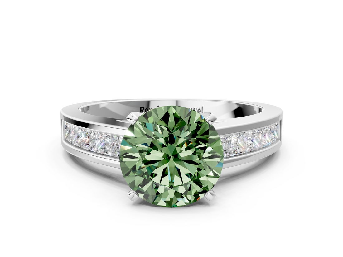 White gold Fancy Green Round  Solitaire Diamond Ring with Channel-Set Band and Four-Prong Setting_3