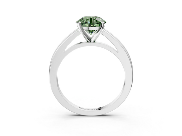 Platinum Fancy Green Round  Solitaire Diamond Ring with Four-Prong Setting and Classic Band