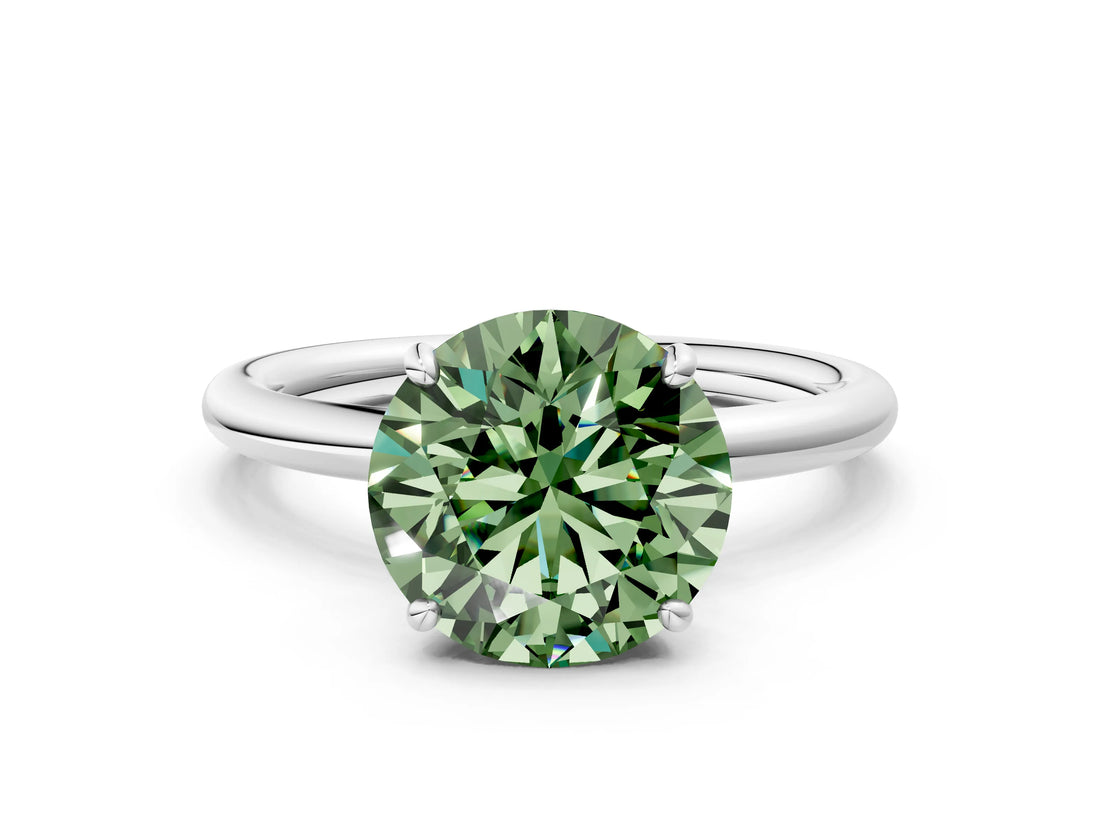 White gold Fancy Green Round  Solitaire Diamond Ring with Four-Prong Setting on a Plain Band_32