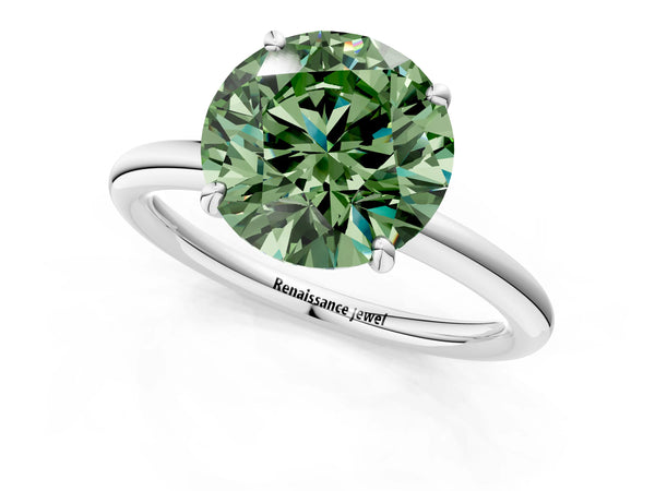 White gold Fancy Green Round  Solitaire Diamond Ring with Four-Prong Setting on a Plain Band