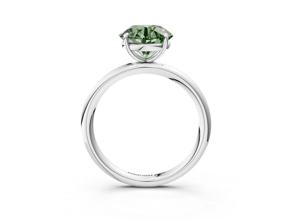 White gold Fancy Green Round  Solitaire Diamond Ring with Four-Prong Setting on a Plain Band