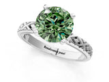 White gold Fancy Green Round  Solitaire Diamond Ring with Milgrain and Black Enamel X Pattern Band_189