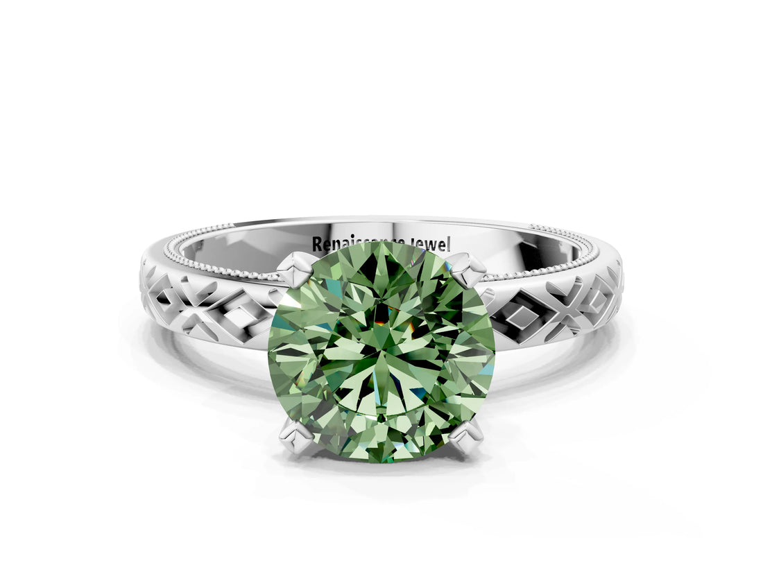 White gold Fancy Green Round  Solitaire Diamond Ring with Milgrain and Black Enamel X Pattern Band_194
