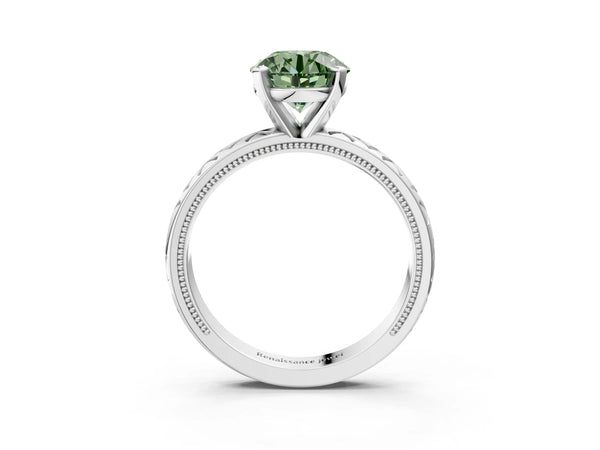 White gold Fancy Green Round  Solitaire Diamond Ring with Milgrain and Black Enamel X Pattern Band
