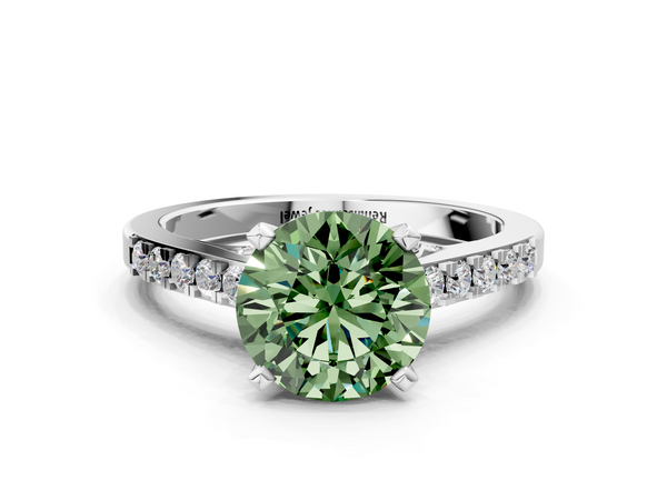White gold Fancy Green Round  Diamond Solitaire Ring with Pavé Band and Prong Setting