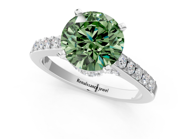 White gold Fancy Green Round  Diamond Solitaire Ring with Pavé Band and Prong Setting