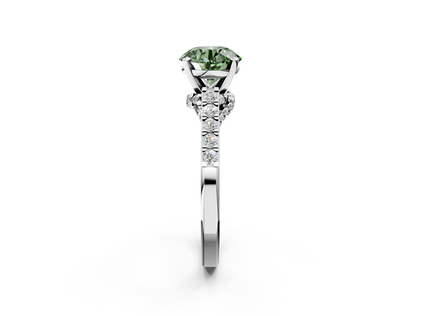 White gold Fancy Green Round  Diamond Solitaire Ring with Pavé Band and Prong Setting