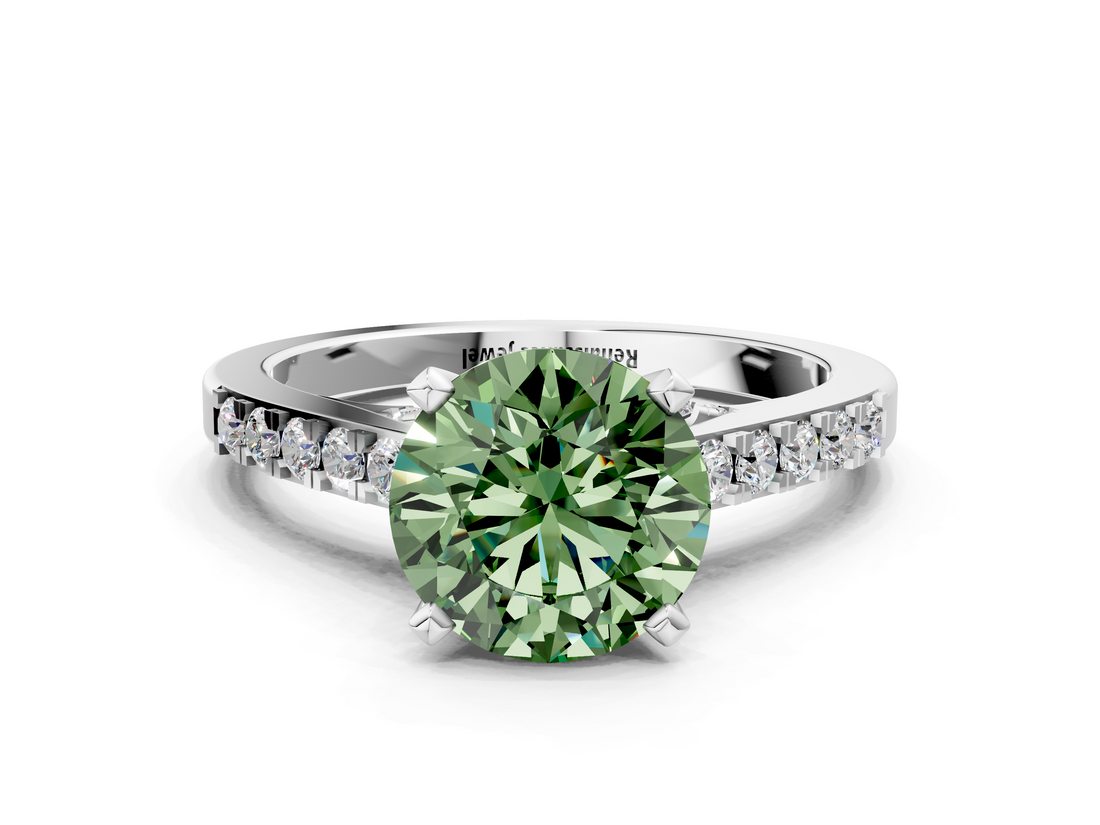 White gold Fancy Green Round  Solitaire Diamond Ring with Pavé Band and Four-Prong Setting_92