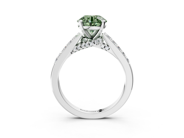 White gold Fancy Green Round  Diamond Solitaire Ring with Pavé Band and Prong Setting