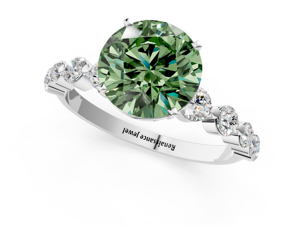 Platinum Fancy Green Round Cut Solitaire Diamond Ring with Pave Band and Four-Prong Setting