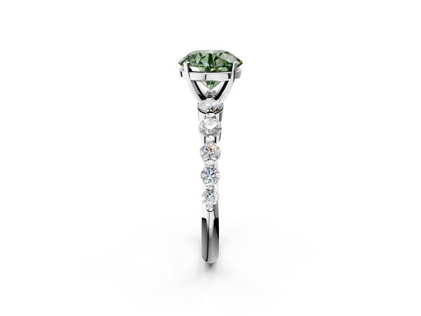 Platinum Fancy Green Round Cut Solitaire Diamond Ring with Pave Band and Four-Prong Setting