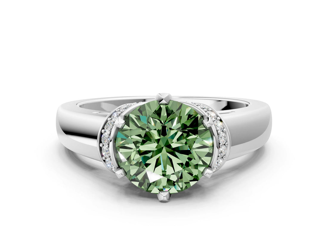 White gold Fancy Green Round  Solitaire Diamond Ring with Pave Band and Six-Prong Setting_32