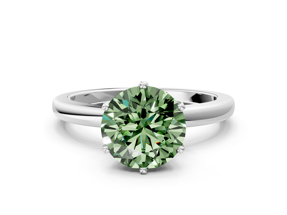 White gold Fancy Green Round  Solitaire Diamond Ring with Six-Prong Setting on a Classic Band_3