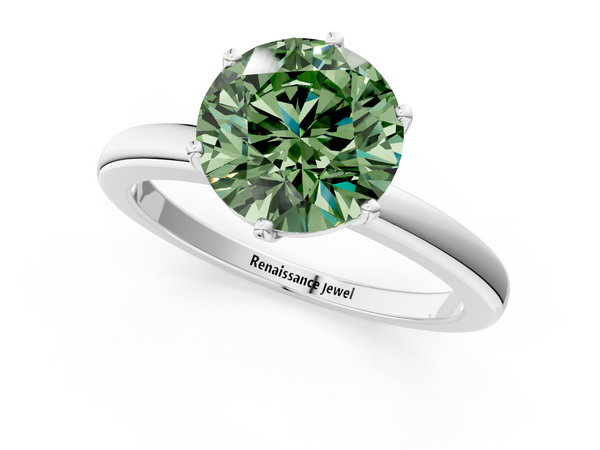 Platinum Fancy Green Round  Solitaire Diamond Ring with Six-Prong Setting on a Classic Band