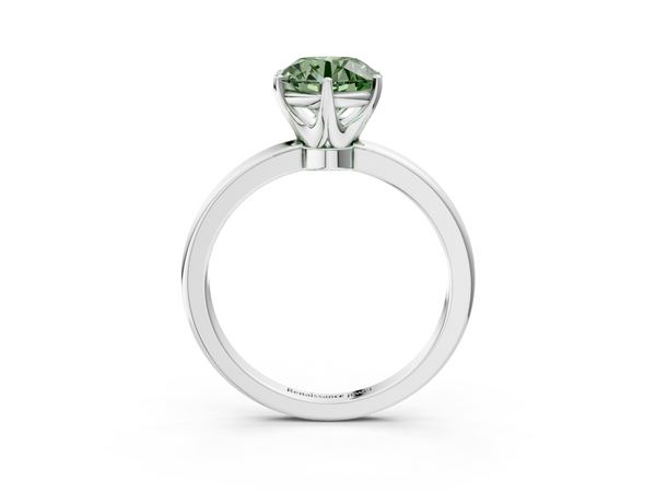 Platinum Fancy Green Round  Solitaire Diamond Ring with Six-Prong Setting on a Classic Band