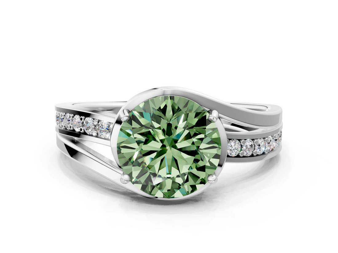 White gold Fancy Green Round  Solitaire Diamond Ring with Split Shank and Prong Setting_41