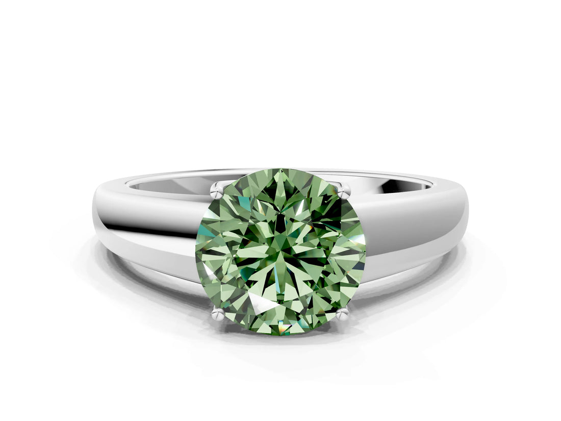 White gold Fancy Green Round  Solitaire Diamond Ring with Tapered Band and Four-Prong Setting_49