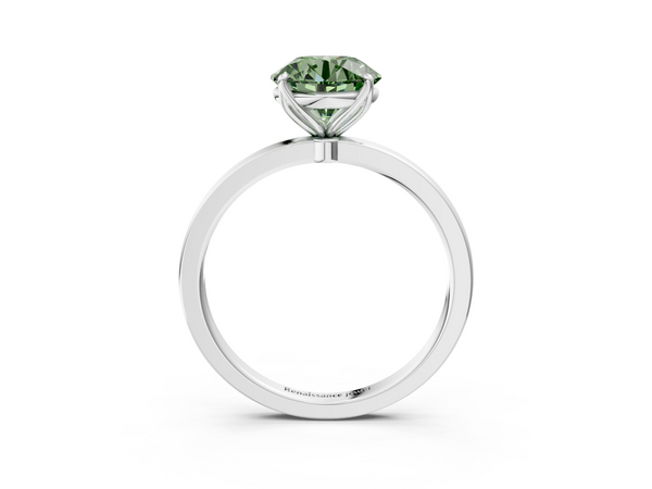 Platinum Fancy Green Round  Solitaire Diamond Ring with Thin Band and Four-Prong Setting