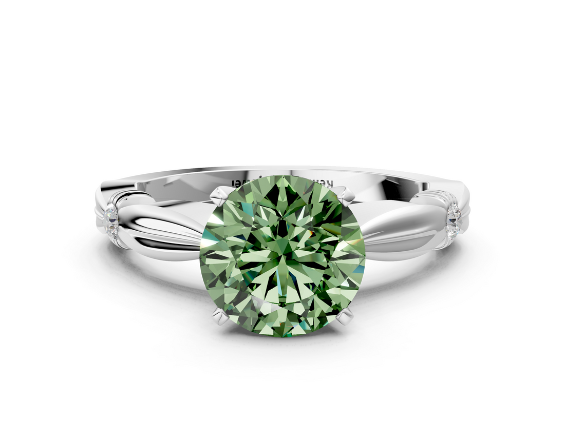 White gold Fancy Green Round  Solitaire Diamond Twisted Band with Four-Prong Setting_59