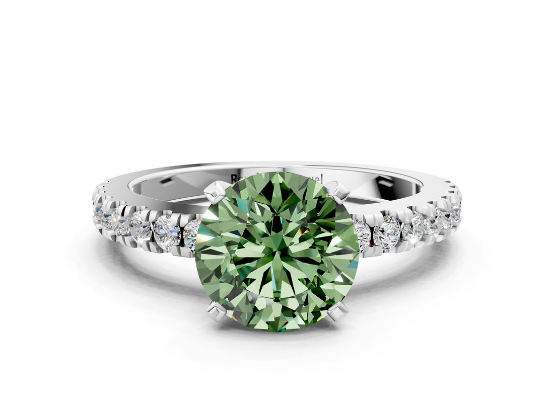 White gold Fancy Green Round  Solitaire Diamond with Pavé Band and Four-Prong Setting_63