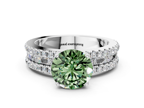 White gold Fancy Green Round Cut Diamond Solitaire Ring with Pavé and Channel Set Band