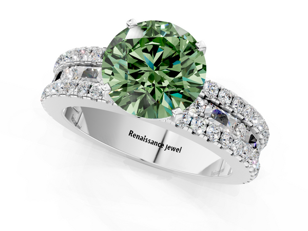 White gold Fancy Green Round Cut Diamond Solitaire Ring with Pavé and Channel Set Band