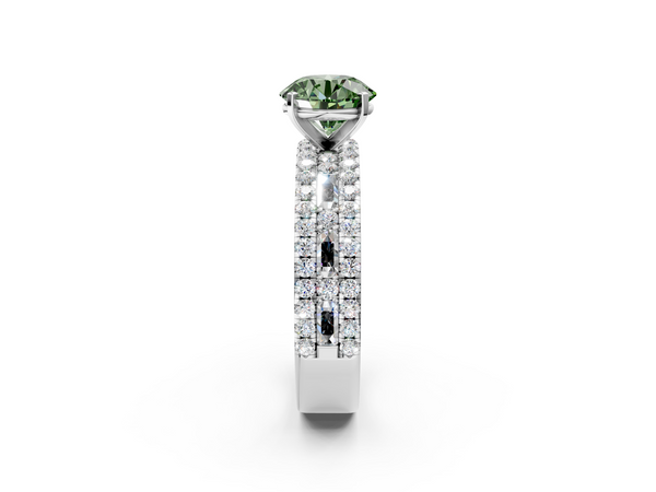 White gold Fancy Green Round Cut Diamond Solitaire Ring with Pavé and Channel Set Band