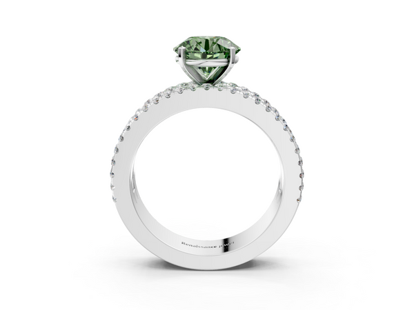 White gold Fancy Green Round Cut Diamond Solitaire Ring with Pavé and Channel Set Band