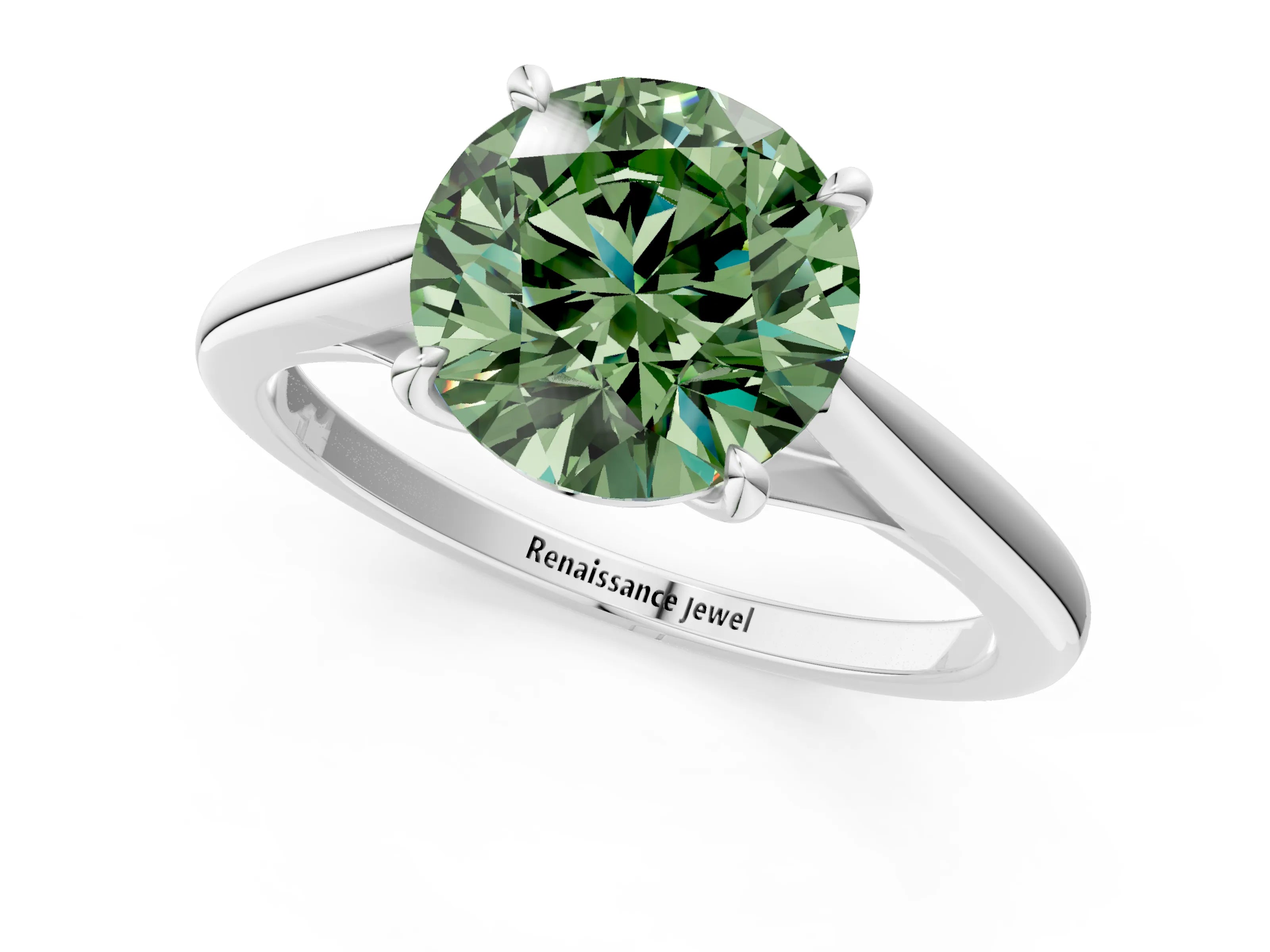 White gold Fancy Green Round  Solitaire Engagement Ring with Four-Prong Setting and Classic Band 2