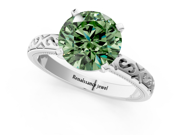 White gold Fancy Green Round  Solitaire Engagement Ring with Scrollwork Band and Four-Prong Setting