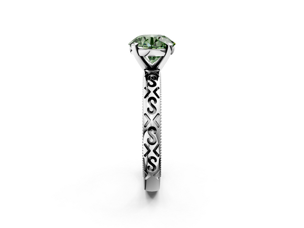 White gold Fancy Green Round  Solitaire Engagement Ring with Scrollwork Band and Four-Prong Setting