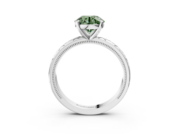 White gold Fancy Green Round  Solitaire Engagement Ring with Scrollwork Band and Four-Prong Setting